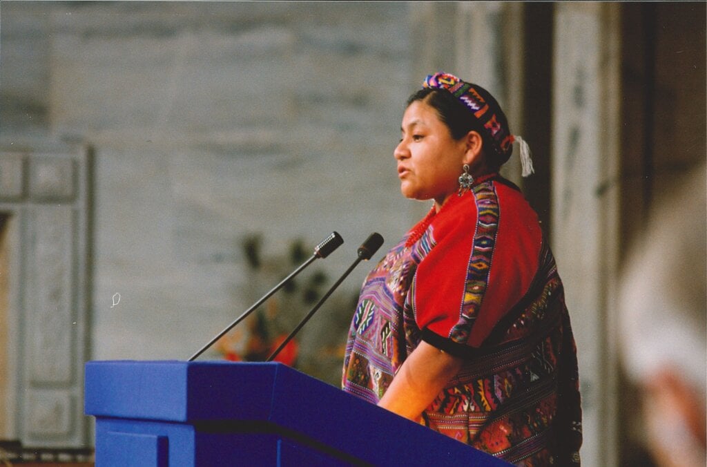 Rigoberta Menchú Tum delivering her Nobel Peace Prize lecture