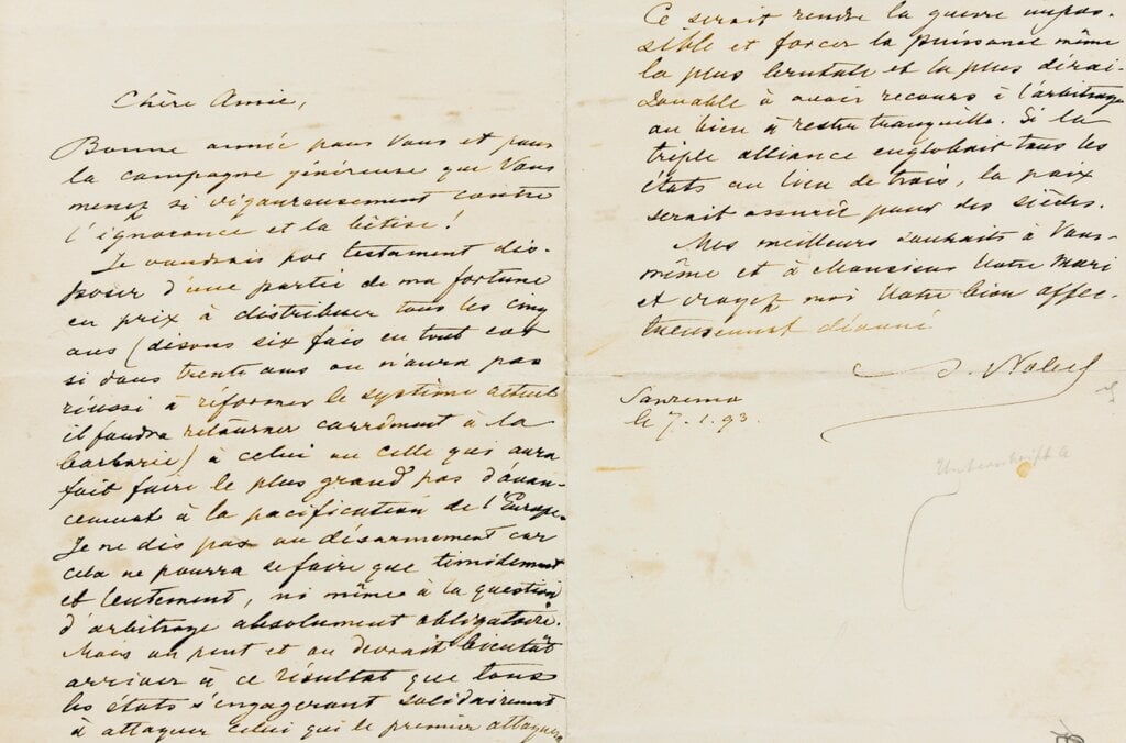 Letter from Alfred Nobel to Bertha von Suttner 1893.
