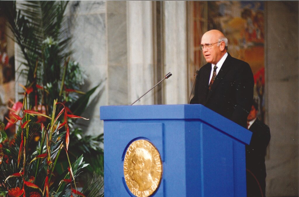 F.W. de Klerk delivering his Nobel Lecture.