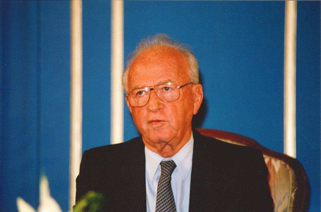 Yitzhak Rabin during a press conference