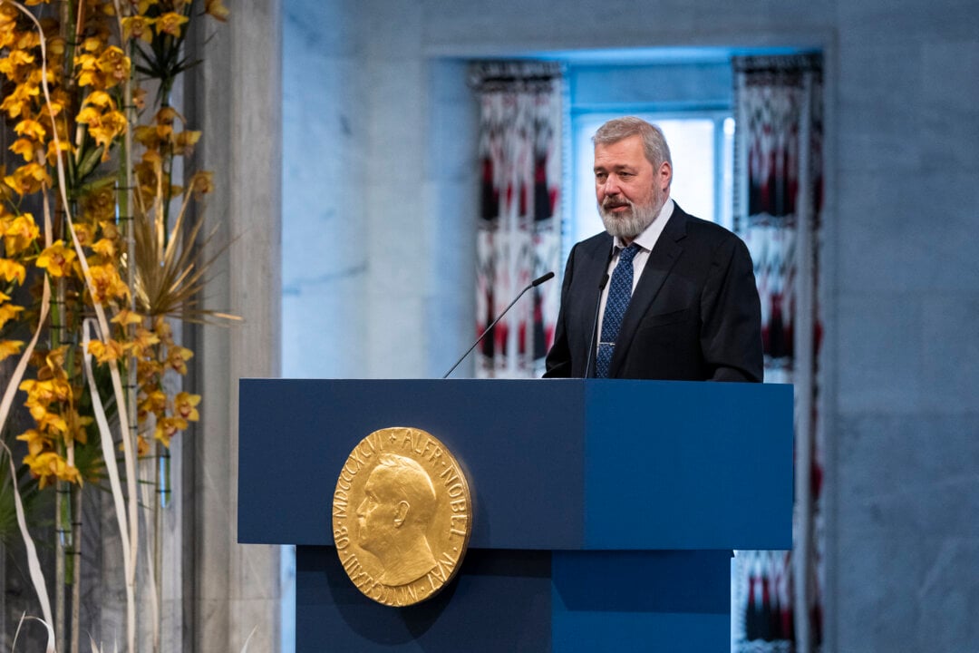 Dmitry Muratov delivering his Nobel Prize lecture