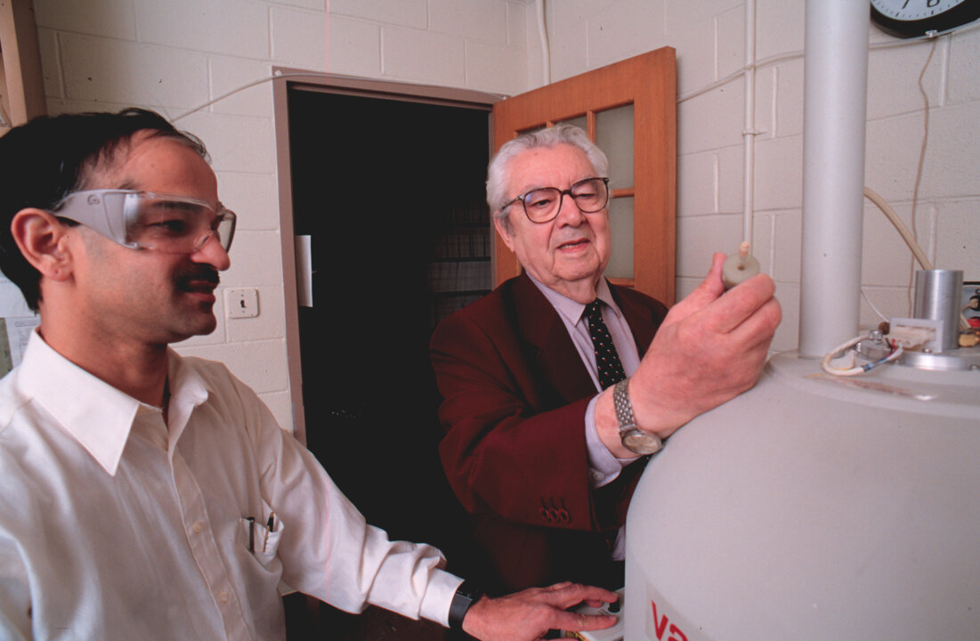 Postdoctoral researcher P.V. Ramachandran and Professor Herbert C. Brown monitor a reaction using 11B NMR spectroscopy