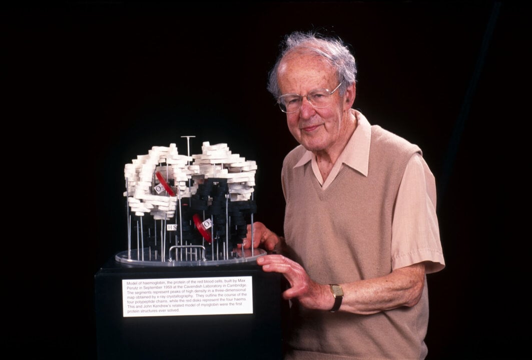 Max Perutz with a model of haemoglobin