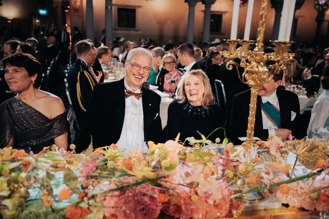 Laureates Morten Meldal and Annie Ernaux at the Nobel Prize banquet