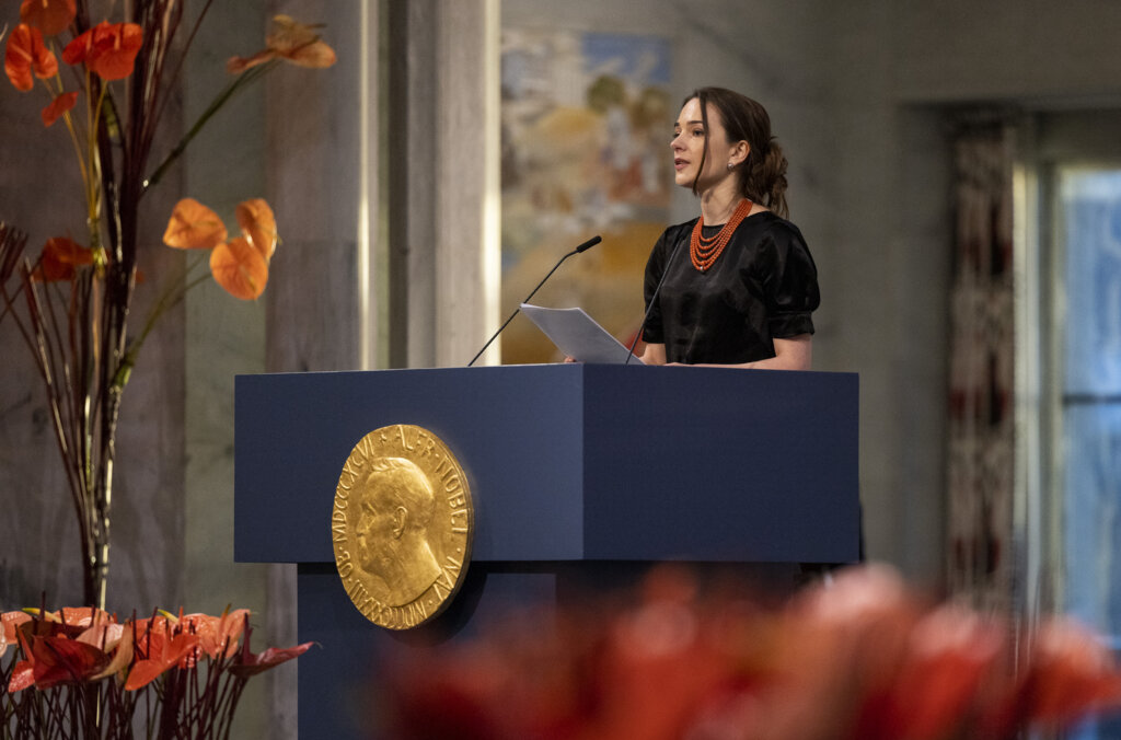 Oleksandra Matviichuk delivering her speech