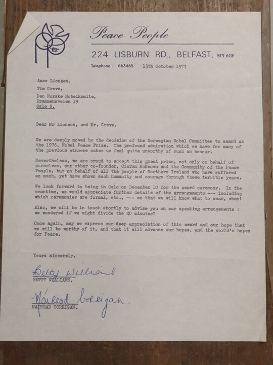 Letter from Betty Williams and Mairead Corrigan