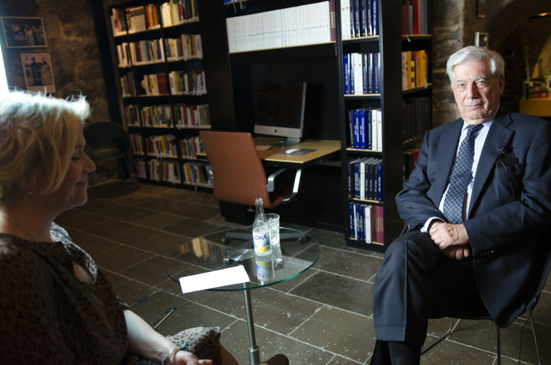 Mario Vargas Llosa during the interview at the Nobel Museum in Stockholm