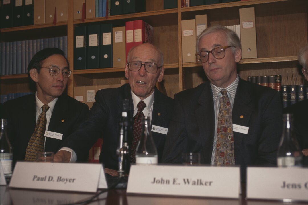 Steven Chu, Paul D. Boyer and John E. Walker during a press conference