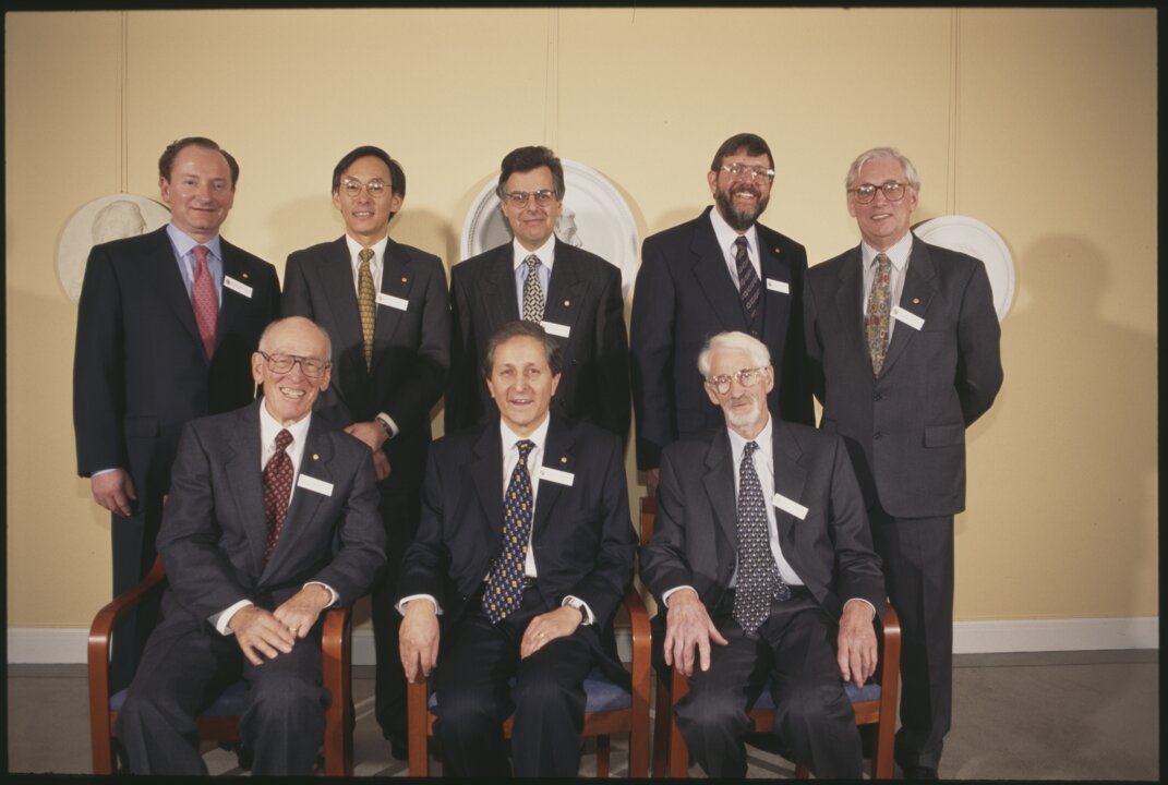 Eight of the 1997 Nobel Prize laureates assembled during Nobel Week