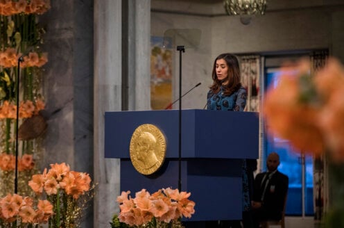 Nadia Murad delivering her Nobel Lecture.