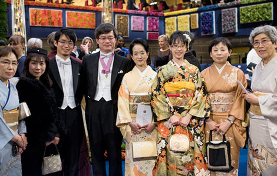 Hiroshi Amano with family and relatives on stage after the Nobel Prize Award Ceremony at the Stockholm Concert Hall, 10 December 2014.