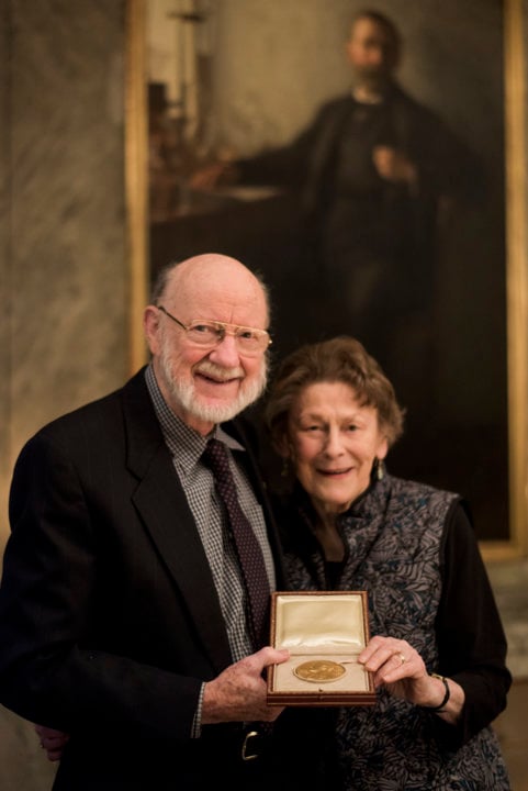William C. Campbell and his wife Mrs. Mary Campbell showing the Nobel Medal.