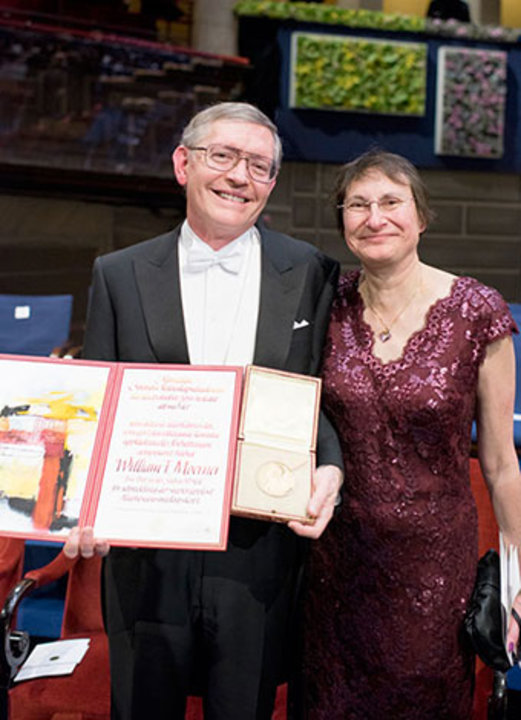 William E. Moerner with his wife, Mrs Sharon Stein Moerner, on stage after the Nobel Prize Award Ceremony at the Stockholm Concert Hall.