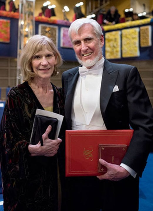 John O'Keefe with his wife, Mrs Eileen O'Keefe, on stage after the Nobel Prize Award Ceremony.