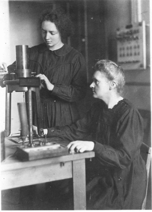 Marie Curie and her daughter IrÃ¨ne in the laboratory