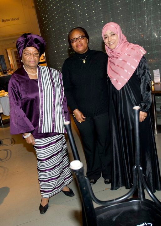 Nobel Peace Prize Laureates Ellen Johnson Sirleaf, Leymah Gbowee and Tawakkol Karman during their visit to the Nobel Museum in Stockholm