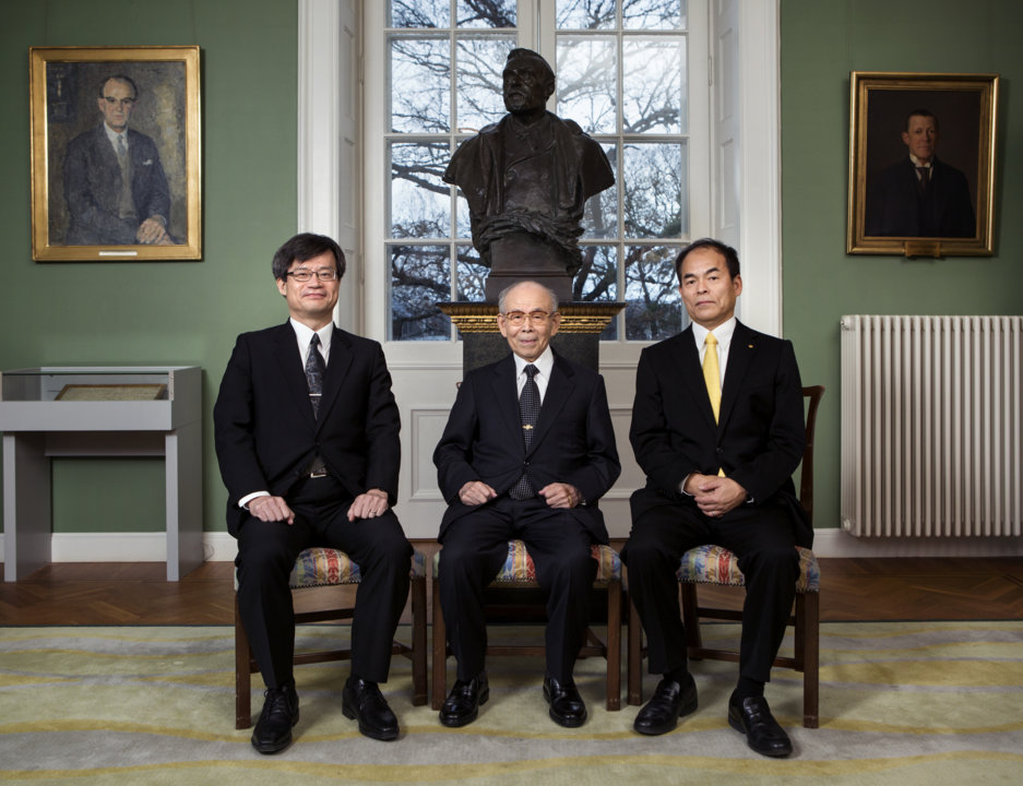 All three Physics Laureates assembled at the Royal Swedish Academy of Sciences on 7 December 2014. From left: Hiroshi Amano, Isamu Akasaki and Shuji Nakamura.