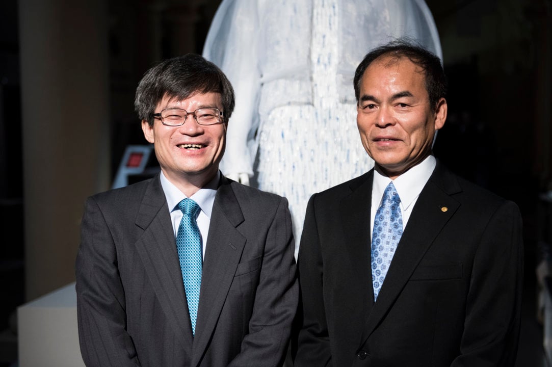 Physics Laureates Hiroshi Amano (left) and Shuji Nakamura (right) at the 2014 Nobel Laureates' Get together at the Nobel Museum in Stockholm, Sweden, on 6 December 2014.