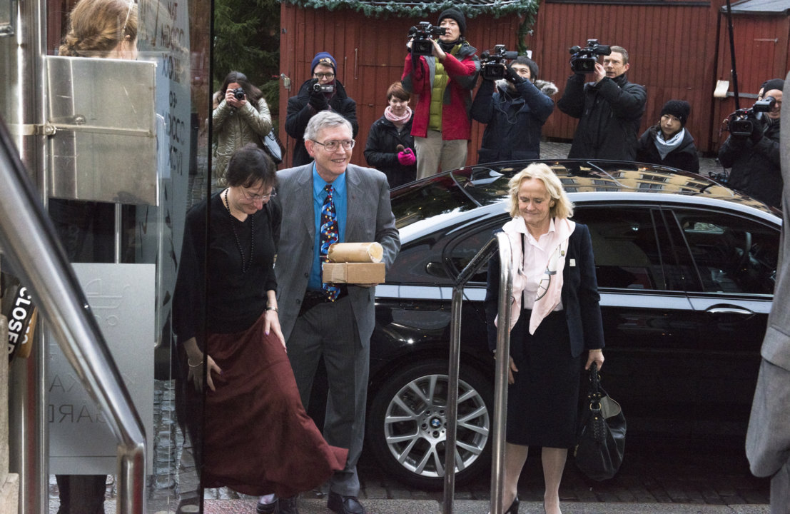 William E. Moerner arriving at the Nobel Museum in Stockholm, Sweden, for the 2014 Nobel Laureates' Get together on 6 December 2014.