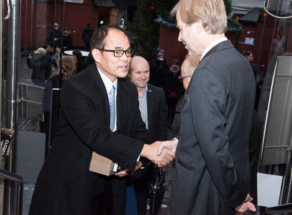 Shuji Nakamura arriving at the Nobel Museum in Stockholm, Sweden, for the 2014 Nobel Laureates' Get together on 6 December 2014.