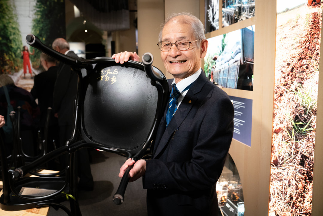 Akira Yoshino after autographing a chair for the Nobel Prize Museum