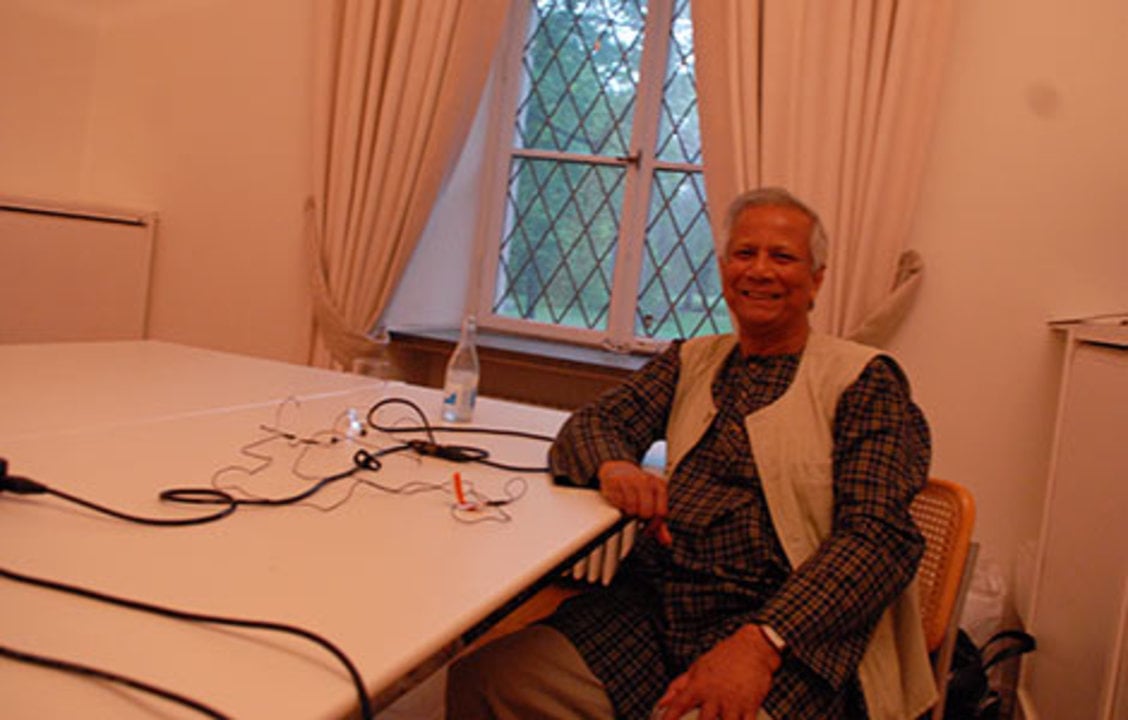 2006 Nobel Peace Prize Laureate Muhammad Yunus during a podcast recording at the Nobel Foundation in Stockholm, 19 May 2014