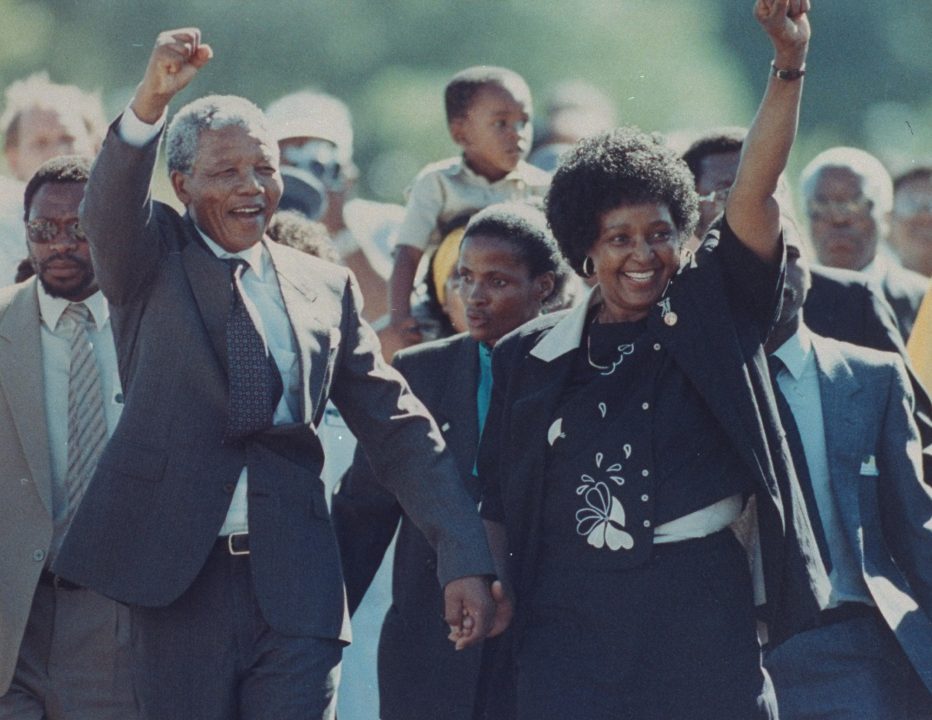 Nelson Mandela celebrating his freedom