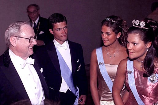 Nobel Laureate in Physiology or Medicine Arvid Carlsson, Prince Carl Philip, Princess Madeleine and Crown Princess Victoria at the Nobel Banquet in the Stockholm City Hall.