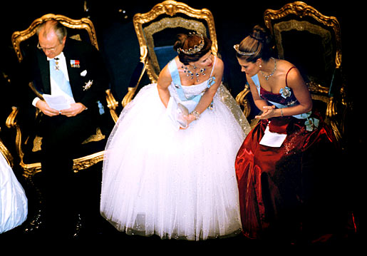 Queen Silvia of Sweden conferring with Crown Princess Victoria