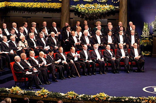 The Nobel Laureates assembled at the Stockholm Concert Hall