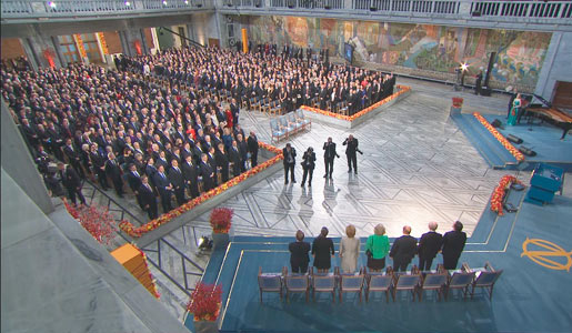 A view of the Oslo City Hall during the Nobel Peace Prize Award Ceremony