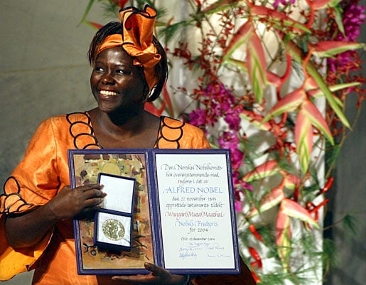Wangari Maathai with her Nobel Medal and Diploma