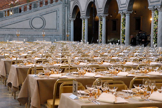 Rows of tables decked with the exclusive Nobel tableware