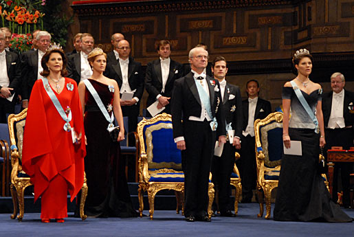 The Swedish Royal Family stands to sing the royal anthem