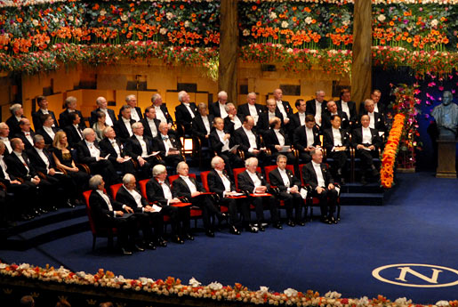 The 2007 Nobel Laureates await their awards on the Stockholm Concert Hall stage
