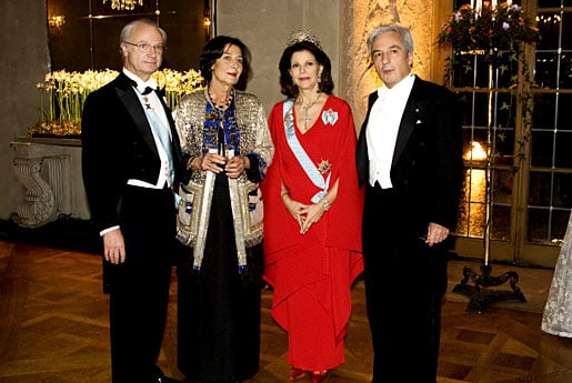 From left to right: His Majesty King Carl XVI Gustaf of Sweden, Mrs Marie Jose Fert, Her Majesty Queen Silvia and Albert Fert.