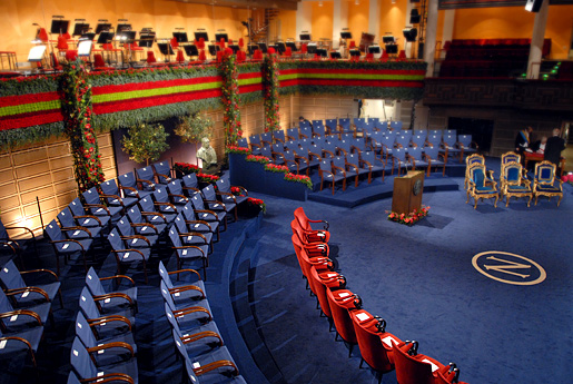 The empty stage will soon be filled with guests for the 2008 Nobel Prize Award Ceremony