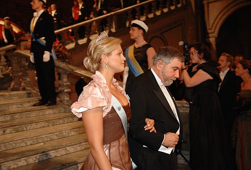 Paul Krugman arrives accompanied by Princess Madeleine of Sweden to the Nobel Banquet