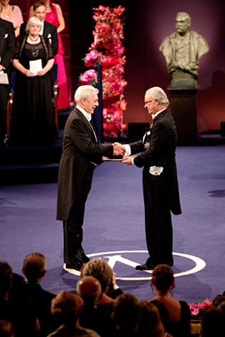 Nobel Laureate in Literature Mario Vargas Llosa receiving his Nobel Medal and Diploma