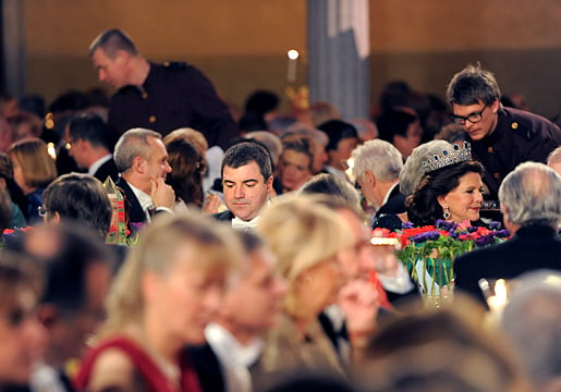 Konstantin Novoselov, Nobel Laureate in Physics, and Sweden's Queen Silvia at the table of honour
