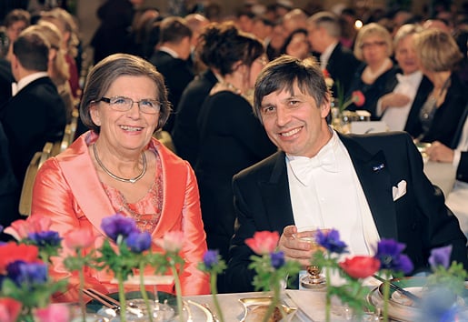 Nobel Laureate in Physics Andre Geim, seated beside Mrs Gunilla Storch