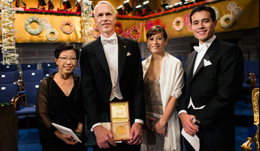 Chemistry Laureate Brian K. Kobilka with wife Tong Sun, daughter Megan and son Jason