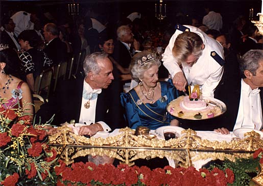 HRH Princess Lilian of Sweden is being served the Nobel ice cream