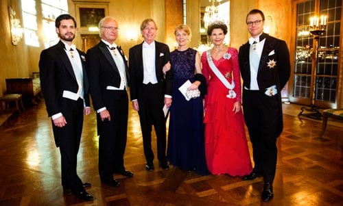 The Swedish Royal Family receive the Laureates and their significant others in the Prince's Gallery after the Nobel Banquet. From left to right: Prince Carl Philip, His Majesty King Carl XVI Gustaf of Sweden, Mr David Connelly, Mrs Jenny Munro, daughter of Literature Laureate Alice Munro, Her Majesty Queen Silvia and Prince Daniel.
