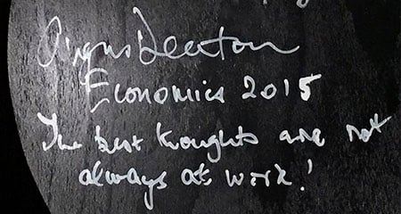 The best thoughts are not always at work, says the message from Angus Deaton under his autographed chair at the Nobel Museum.