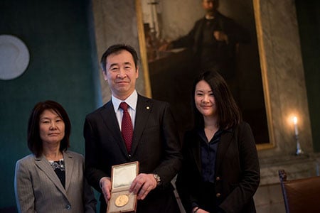 Takaaki Kajita with his wife, Mrs Michiko Kajita, and daughter during the visit to the Nobel Foundation on 12 December 2015.