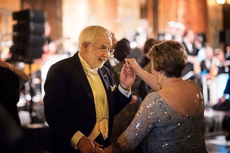 Arthur B. McDonald and his wife, Mrs Janet McDonald, take to the dance floor in the Golden Hall after the Nobel Banquet dinner.