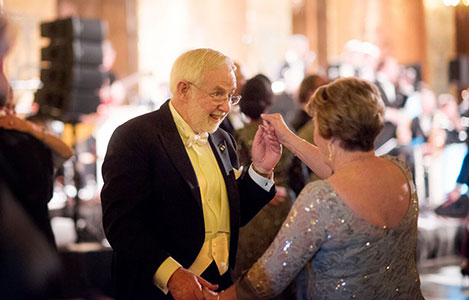 Arthur B. McDonald and his wife, Mrs Janet McDonald, take to the dance floor in the Golden Hall after the Nobel Banquet dinner.