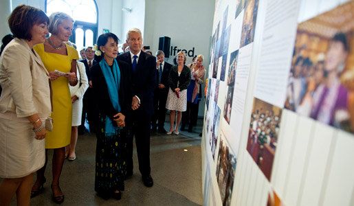 Chairman of the Norwegian Nobel Committee ThorbjÃ¸rn Jagland, 1991 Nobel Peace Prize Laureate Aung San Suu Kyi and Kaci Kullmann Five, Deputy Chairman of the Nobel Committee, at the Oslo City Hall