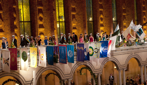 Students with massed banners